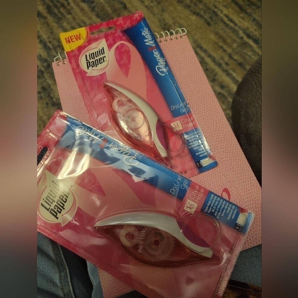 Paper Mate Breast Cancer liquid paper and notebook